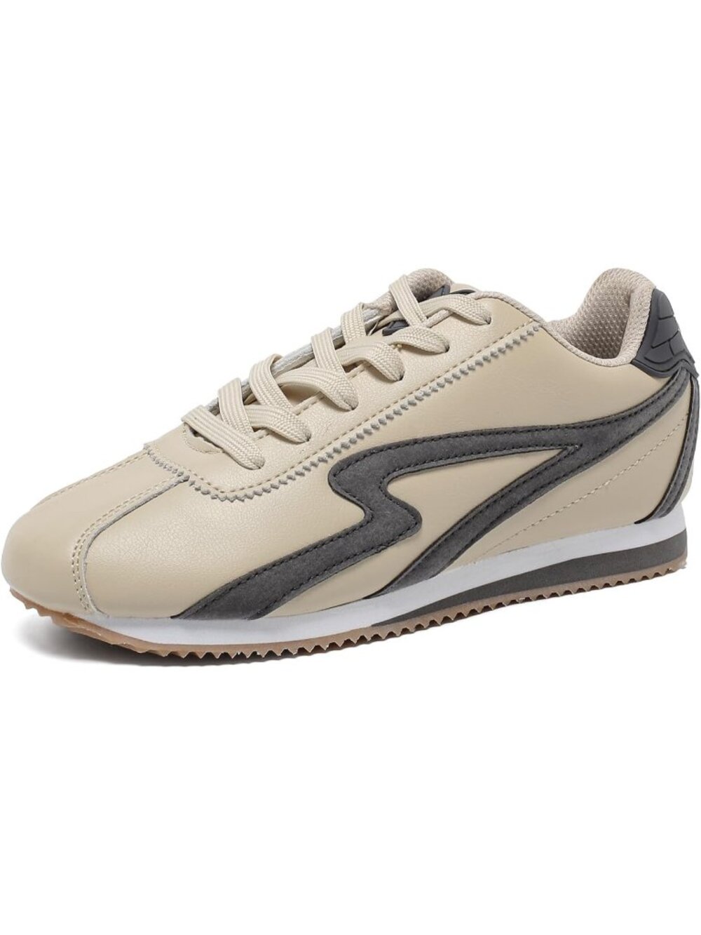 Women Beige Genuine Leather Walking Shoes Classic Retro Gum Sole Fashion Sneaker